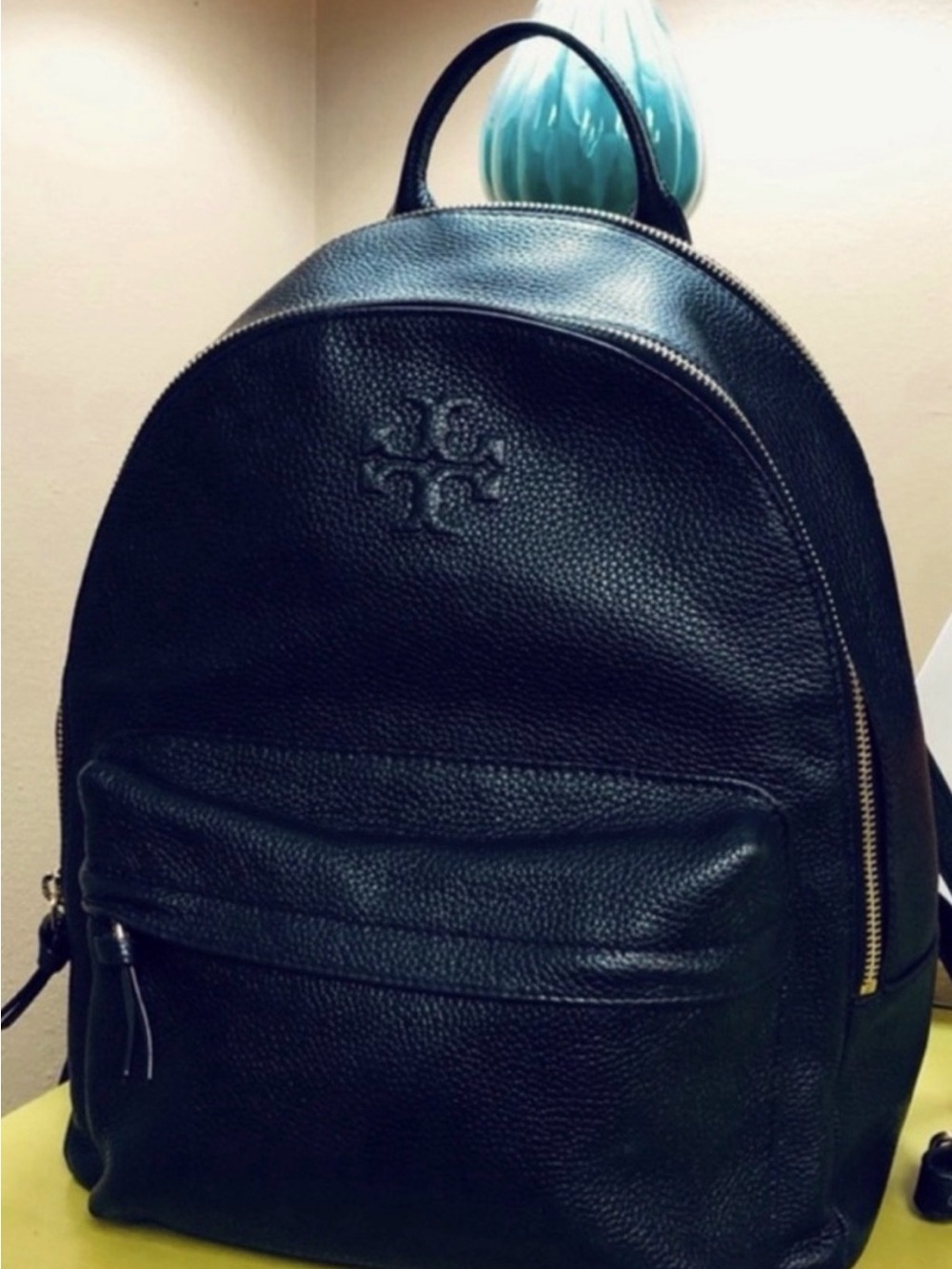 Tory Burch Black Pebbled Leather Backpack with Gold Zippers